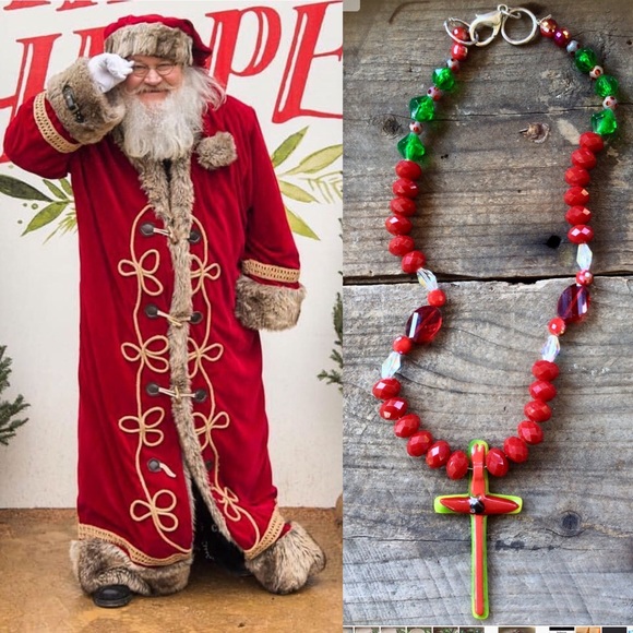 Christmas Red Crystal Glass Beads Artisan Blown Glass Custom Cross Necklace - Picture 7 of 8